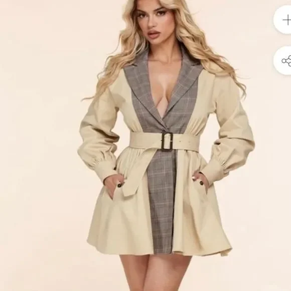 L’ATISTE Tan Plaid Belted Mini Trench Coat | Size L - Picture 1 of 10